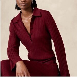 NEW Banana Republic 100% Extra Fine Merino Wool Red Nezha Ribbed Polo Sweater